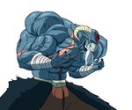 abs anthro beard big_muscles blue_body blue_skin ear_piercing ear_ring facial_hair horn huge_muscles hyper hyper_muscles male mature_male muscular piercing red_eyes ring_piercing solo vein veiny_muscles levionb123 dragon_ball dragon_ball_super moro bovid caprine goat mammal planet_devourer