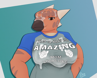 anthro beak big_breasts bodily_fluids breasts brown_eyes clothing cum cum_on_breasts cum_on_clothing cum_on_face cum_on_shirt eyelashes female genital_fluids horn huge_breasts markings non-mammal_breasts orange_body simple_background solo spots spotted_markings striped_markings stripes text bonebees this_is_what_an_amazing_mom_looks_like gina_(bonebees) ankylosaurian ankylosaurid ankylosaurus dinosaur ornithischian prehistoric_species reptile scalie thyreophoran 2025 5:4 artist_name digital_drawing_(artwork) digital_media_(artwork) hi_res