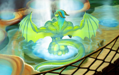 anthro back_muscles backsack balls bathing bird's-eye_view blush bridge butt detailed_background genitals green_body green_scales hair high-angle_view horn hot_spring long_hair male membrane_(anatomy) membranous_wings muscular muscular_male nude partially_submerged scales skinny_dipping smile solo steam tail water wet wet_body wet_hair wings juxtapex mythology dragon mythological_creature mythological_scalie scalie hi_res