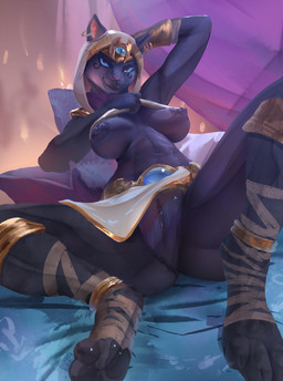 ankle_wraps anthro big_breasts black_body black_fur black_lips blue_eyes bottomwear bottomwear_aside breasts clothing clothing_aside egyptian egyptian_clothing egyptian_headdress female fur genitals lips loincloth loincloth_aside solo vulva whiskers spectrumshift egyptian_mythology middle_eastern_mythology mythology smite bast bastet_(smite) deity domestic_cat felid feline felis mammal hi_res