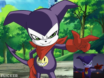 ambiguous_gender anthro clothing confident fake_screencap gesture gloves green_eyes hand_gesture handwear kerchief looking_at_another male park pointing pointy_ears purple_body red_clothing red_gloves red_handwear red_kerchief screencap screencap_background screenshot_redraw sharp_teeth shortstack shortstack_male sky smile solo teeth flicker_(artist) bandai_namco digimon digimon_story:_time_stranger digimon_(species) imp impmon hi_res reference_image