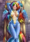 alternate_species animal_humanoid bench big_breasts bird's-eye_view blue_body blue_feathers blush bottle breasts cleavage clothed clothing container cutie_mark emperpep equid equid_humanoid equine equine_humanoid feathered_wings feathers female flight_suit floor friendship_is_magic hair hands_behind_head hasbro high-angle_view humanoid humanoidized long_hair looking_at_viewer lying mammal mammal_humanoid multicolored_hair multicolored_tail my_little_pony mythological_creature mythological_equine mythology nipple_outline on_back on_bench pegasus pose purple_eyes rainbow_dash_(mlp) rainbow_hair rainbow_tail relaxing seductive skinsuit smile solo tail tight_clothing tile tile_floor unzipped water water_bottle wet_floor winged_humanoid wings wonderbolts_(mlp) zipper