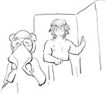 2020 anthro black_and_white blush canid canine canis caught clothed clothing colo comic domestic_dog duo eyes_closed eyewear female glasses male mammal monochrome sniffing surprise topless towel towel_only van_(colo) yoon_soo-mi