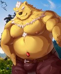 anthro belly big_belly bottomwear bulge clothing cute_fangs fangs humanoid_hands kemono male moobs nipples overweight overweight_male pants solo teeth hfengfffff bear mammal 2023 5:6 absurd_res hi_res