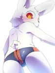 anthro butt clothing fur looking_at_viewer looking_back low-angle_view male red_eyes solo speedo swimwear white_body white_fur young young_anthro zipper zipper_speedo zipper_swimwear ko-gami hantsuki_(ko-gami) lagomorph leporid mammal rabbit 3:4 hi_res