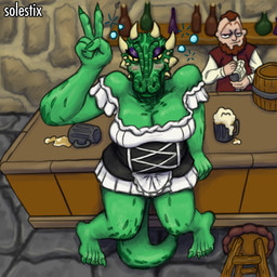 alcohol anthro argy barefoot beer beer_mug beverage blush breasts bubble cleavage clothed clothing drunk drunk_bubble feet female maid_apron maid_uniform slightly_chubby solo substance_intoxication tavern uniform solestix bethesda_game_studios microsoft skyrim the_elder_scrolls argonian reptile scalie 1:1 hi_res