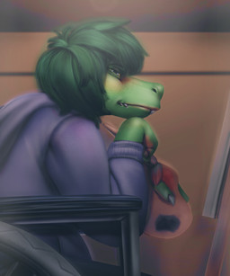 anthro blue_eyes blush brush claws clothing detailed_background disability eyelashes female fingers freckles green_body green_hair green_scales hair hoodie inside looking_at_viewer paintbrush palette paraplegic scales sharp_teeth short_hair sitting snout solo teeth text topwear vehicle wheelchair yellow_sclera takoonart cavemanon_studios i_wani_hug_that_gator olivia_halford baryonyx dinosaur prehistoric_species reptile scalie spinosaurid theropod 2023 5:6 absurd_res artist_name digital_drawing_(artwork) digital_media_(artwork) hi_res signature