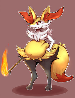 ambiguous_gender anthro belly belly_overhang big_belly cheek_bulge dipstick_tail ear_tuft female fire hand_on_hip hand_on_own_hip markings navel orange_eyes orange_nose orange_tail_tip overweight overweight_ambiguous overweight_anthro overweight_female pokemorph potbelly red_background sharp_teeth simple_background solo stick tail tail_markings teeth three-quarter_view tuft wide_hips yellow_body yellow_ear yellow_inner_ear yellow_tail mac-nova nintendo pokemon braixen generation_6_pokemon pokemon_(species) 2017 colored digital_media_(artwork) hi_res shaded signature