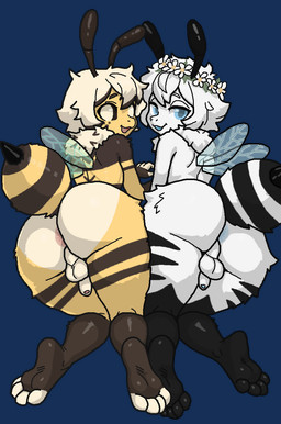 antennae_(anatomy) anthro anus backsack balls bedroom_eyes blonde_hair blue_eyes brown_body brown_fur butt crown duo feet femboy femboy/femboy flower fluffy foreskin fur genitals hair happy headgear looking_at_viewer looking_back male male/male multicolored_body multicolored_fur narrowed_eyes neck_tuft penis perineum plant presenting seductive simple_background smile stinger tuft white_body white_fur wings yellow_body yellow_fur skyenebula alex_(skyenebula) juniper_(skyenebula) arthropod bee hymenopteran insect 2025 hi_res