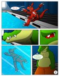 ambiguous_gender anthro bandai_namco comic crocodile crocodilian detailed_background digimon digimon_(species) digital_media_(artwork) dragon duo guilmon hector21314 hi_res inside male mythological_creature mythological_scalie mythology reptile scalie spanish_text speech_bubble spreading swimming_pool tail text thought_bubble translated water