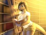 anthro big_breasts black_hair book bottomwear breasts climbing clothed clothing female fully_clothed green_eyes grey_body grey_skin hair holding_book holding_object inside ladder library looking_down nails non-mammal_breasts reading shirt shorts smile solo spots thick_thighs topwear white_body white_skin revadiehard the_assistant dtella four-clawed_gecko gecko lizard reptile scalie 2014