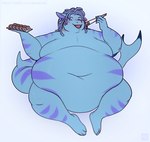 anthro belly big_belly blue_body blue_hair blush chopsticks dreadlocks eating eyes_closed fangs food gills hair huge_belly male moobs navel open_mouth overweight overweight_male purple_stripes simple_background sitting solo stripes sushi tail teeth aucherr fish marine shark 2024 absurd_res hi_res