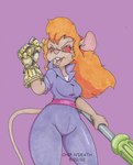 anthro blue_eyes buckteeth clothing female hair holding_object holding_screwdriver holding_tool infinity_gauntlet infinity_stone open_mouth orange_hair overalls pink_nose purple_background red_sclera screwdriver simple_background solo teeth tools chip_n'death chip_'n_dale_rescue_rangers disney gadget_hackwrench mammal mouse murid murine rodent 2022