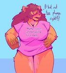 anthro big_breasts bottomless breasts clothed clothing dialogue ear_piercing ear_ring fan_character female hair huge_breasts humor hyena jenny_(disambiguation) long_hair mammal mature_female no_underwear partially_clothed piercing ring_piercing shirt shirt_only solo topwear topwear_only zixzs-redlight