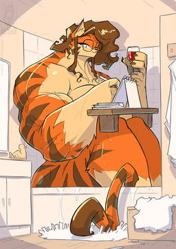 alcohol anthro bathroom bathtub beverage eyewear female glasses hair inner_ear_fluff muscular solo striped_body stripes tuft wine conditional_dnp jollyjack felid mammal pantherine tiger