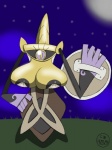 2014 aegislash animate_inanimate big_breasts breast_squish breasts cleavage clothed clothing cloud crockwad eyelashes female generation_6_pokemon grass light living_melee_weapon living_sword living_weapon melee_weapon moonlight night nintendo nipple_slip nipples not_furry outside plant pokemon pokemon_(species) shield sky solo squish star starry_sky sword tight_clothing weapon