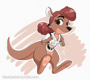 anthro backpack belt black_nose bottomless bottomless_female brown_eyes clothed clothing digitigrade eyelashes female hair jumping looking_at_viewer paws red_hair shirt smile solo topwear white_clothing white_shirt white_topwear clarakerber activision spyro_reignited_trilogy spyro_the_dragon sheila_(spyro) kangaroo macropod mammal marsupial 2018 signature
