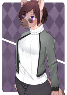 anthro black_bottomwear black_clothing black_nose black_pants border bottomwear brown_body brown_fur clothed clothing eyebrow_through_hair eyebrows eyewear fully_clothed fur glasses gynomorph hair half-closed_eyes intersex jacket looking_forward multicolored_body multicolored_fur narrowed_eyes pants purple_eyes side_view solo sweater tan_body tan_fur three-quarter_view topwear translucent translucent_hair white_border white_clothing white_topwear denyfake fuyuka_(denyfake) hyena mammal absurd_res hi_res trans_(lore) trans_woman_(lore)