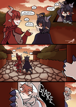 clawed_hands clothed clothing dark_hair dialogue hair horn male monster_girl_(genre) outside red_eyes red_hair simple_background tail text white_hair yellow_eyes shriekingmagpie horned_humanoid humanoid comic digital_media_(artwork) english_text hi_res