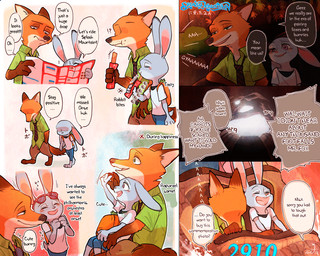 anthro backpack bottomwear clothed clothing dialogue eating ellipsis food fully_clothed fur grey_body grey_fur holding_food holding_object necktie on_lap open_mouth open_smile orange_body orange_fur pants shirt sitting_on_lap smile speech_bubble text thought_bubble topwear burnrice8 third-party_edit disney zootopia judy_hopps nick_wilde canid canine fox lagomorph leporid mammal rabbit red_fox true_fox 2016 5:4 alternate_version_at_source comic english_text hard_translated translated