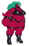 anthro big_breasts big_butt boots breasts butt choker cleavage clothed clothing feathers female footwear green_hair hair hand_on_hip high_heeled_boots high_heels huge_butt jewelry leather leather_clothing necklace red_body red_feathers shoes solo thick_thighs wide_hips sssonic2 scarlet_(sssonic2) avian bird hi_res