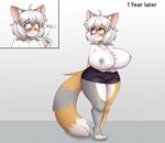 anthro arcanis_(hahaluckyme) big_breasts blush bodily_fluids bottomwear breast_expansion breasts calico_cat clothing domestic_cat expansion felid feline felis female fluffy fluffy_tail flybeeth front_view frown hair hi_res huge_breasts hyper hyper_breasts inner_ear_fluff lactating lactating_through_clothing mammal positive_pregnancy_test pregnant pregnant_female red_eyes shirt skirt solo standing sweat tail tight_clothing topwear tuft wet wet_clothing white_hair