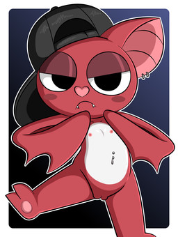 abstract_background anthro areola backwards_cap barbell_piercing baseball_cap belly biped blush blush_stickers border clothing countershade_torso countershading ear_piercing fangs feet female female_anthro flat_chested genitals glistening_eyelids gradient_background half-closed_eyes hat headgear headwear heart_nose heart_symbol looking_at_viewer membrane_(anatomy) membranous_wings narrowed_eyes navel navel_piercing nipple_dip nipples nude nude_anthro nude_female on_one_leg outline pawpads piercing pink_inner_ear pose red_arms red_body red_ears red_face red_legs red_vulva red_wings simple_background soles solo standing teeth vulva white_belly white_border winged_arms wings young young_anthro young_female dreameclipsewolf squeak_(zinzoa) bat mammal absurd_res cel_shading colored hi_res shaded