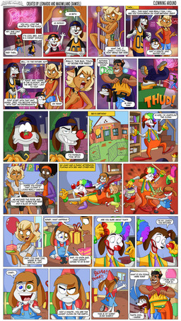 afro anthro beaten_up black_hair blonde_hair blue_eyes bouncer brown_body brown_fur clothed clothing clown clown_makeup clown_nose convenient_censorship dialogue female fur green_eyes group hair humor male orange_body orange_fur pole profanity strip_club stripper stripper_pole text topless white_body white_fur young xamoel beast_house beth_(xamoel) beverly_(xamoel) chad_(xamoel) canid canine canis domestic_cat domestic_dog felid feline felis hybrid mammal 2016 comic english_text hi_res daughter_(lore) father_(lore) father_and_child_(lore) father_and_daughter_(lore) mother_(lore) mother_and_child_(lore) mother_and_daughter_(lore) parent_(lore) parent_and_child_(lore) parent_and_daughter_(lore)
