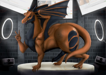 animal_genitalia animal_penis big_butt black_body black_scales black_tongue butt camera camera_lights computer_monitor digitigrade equine_genitalia equine_penis feral genitals grey_eyes huge_butt male membrane_(anatomy) membranous_wings orange_body orange_scales penis quadruped scales solo tail tongue wings quandy mythology karnath dragon mythological_creature mythological_scalie scalie absurd_res hi_res