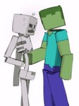 ambiguous_gender blush blush_lines bodily_fluids bone bottomwear clothed clothing cross-popping_vein duo fully_clothed male on_model pants ribs shirt skeleton square_(anatomy) sweat t-shirt toony topwear kogito microsoft minecraft mojang xbox_game_studios animated_skeleton humanoid skeleton_(minecraft) undead zombie_(minecraft) hi_res