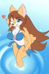 anthro bikini black_nose blue_eyes brown_hair clothed clothing countershading female hair heart_symbol long_hair one_eye_closed skimpy solo swimwear tight_clothing two-piece_swimsuit water wink fyxe_(artist) ceryss canid canine canis domestic_dog herding_dog mammal pastoral_dog welsh_corgi