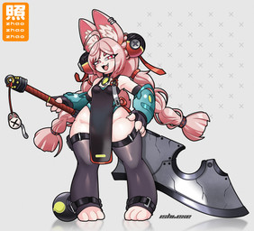 3_toes accessory ahoge anthro apron armor barefoot big_ears braided_hair braided_pigtails breasts clothed clothed_anthro clothed_female clothing ear_piercing fangs feet female fluffy fluffy_tail fur gauntlets glistening glistening_body glistening_skin gloves hair handwear holding_melee_weapon holding_object holding_sword holding_weapon inner_ear_fluff legband legwear melee_weapon narrowed_eyes piercing pink_body pink_fur pink_hair pupils red_eyes red_pupils simple_background skindentation small_breasts solo standing stockings sword tail teeth text thick_thighs thigh_highs thighband toes tuft weapon wide_hips ishiexe mihoyo zenless_zone_zero zhao_(zenless_zone_zero) lagomorph leporid mammal rabbit thiren absurd_res chinese_text hi_res