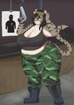 anthro back_rolls belly belly_folds belly_outline belly_outlines belly_overhang big_belly big_breasts biped black_clothing black_hair black_shirt black_tank_top black_topwear boots bottomwear breasts camo camo_print cleavage clothed clothing combat_boots crop_top eyewear eyewear_on_head fat_arms female footwear goggles goggles_on_head gun hair handgun huge_breasts legwear looking_at_viewer midriff muffin_top navel nipple_outline overweight overweight_anthro overweight_female pants pistol ranged_weapon shirt shoes smile smoke solo standing stripes tank_top target_practice thick_thighs tight_clothing topwear trigger_discipline weapon wide_hips yellow_eyes maikeru psion bazooka_betty domestic_cat felid feline felis mammal