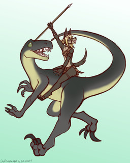 4_toes 5_fingers ambiguous_gender anthro black_nose blonde_hair bottomwear brown_body brown_fur claws clothed clothed_anthro clothed_female clothing duo fangs feet female feral fingers flat_chested fur green_body green_scales hair hindpaw holding_melee_weapon holding_object holding_polearm holding_spear holding_weapon humanoid_hands loincloth melee_weapon paws polearm prehistoric sabertooth_(anatomy) scales sickle_claw simple_background spear tail teeth toe_claws toes tongue tribal weapon dansharkman wooga_(dansharkman) canid canine canis dinosaur dobermann domestic_dog mammal pinscher prehistoric_species reptile scalie theropod 4:5 hi_res