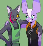 anthro arm_around_shoulders clothing duo eye_contact fangs female green_body green_eyes looking_at_another one_eye_closed open_mouth open_smile simple_background sleeveless_clothing smile teeth yellow_sclera kemari ko-mori bat domestic_cat felid feline felis mammal