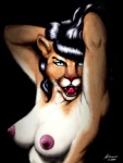 2000 alternate_species anthro bettie_page black_hair blue_eyes breasts cirrel clothed clothing cougar digital_media_(artwork) felid feline female furrification hair long_hair looking_at_viewer mammal nipples nude open_mouth simple_background solo tongue topless