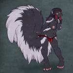 anthro big_tail breasts bulge claws clothed clothing clothing_pull fluffy fluffy_tail green_eyes gynomorph hair intersex multicolored_hair nipples panties panty_pull simple_background solo tail topless two_tone_hair underwear underwear_pull hush-a-bye mammal mephitid skunk 1:1 2015