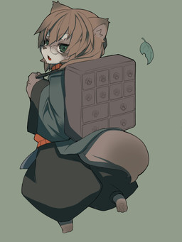 anthro backpack eyewear female glasses green_eyes grey_background leaf looking_at_viewer looking_back simple_background solo tail young young_anthro young_female havemoon canid canine fox mammal 3:4