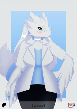 anthro anthrofied blue_eyes blush breasts clothed clothing eyewear female fur glasses hair looking_at_viewer office_clothing office_lady pokemorph simple_background solo tail white_body white_fur white_hair commandg nintendo pokemon generation_5_pokemon legendary_pokemon pokemon_(species) reshiram