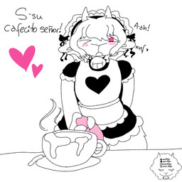 anthro bell bell_collar beverage bodily_fluids bottomwear claws clothed clothing coffee collar container crossdressing cum cum_in_beverage cum_in_coffee cum_in_container cup femboy genital_fluids genitals heart_symbol horn looking_pleasured maid_uniform male masturbation moan penis pink_eyes ribbons serving skirt solo text uniform mun-shipu bovid caprine mammal sheep 1:1 hi_res spanish_text