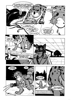 angry anthro audience black_body black_fur boss cheek_tuft claws clothing coat countershade_neck countershading dialogue drinking eyewear facial_tuft feral fur glasses group inner_ear_fluff inside long_tail male markings negotiation open_mouth pince-nez size_difference speech_bubble spots spotted_body spotted_fur tail talking_to_another teeth text topwear trenchcoat trio tuft whiskers roz_gibson scott_ruggels jack_salem puf felid feline gulonine mammal marten mustelid musteline pallas's_cat sable_(marten) 2002 artist_collaboration black_and_white comic english_text hi_res monochrome