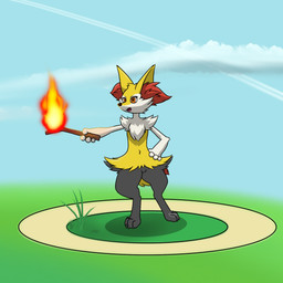 4_fingers 4_toes ambiguous_gender anthro claws cloud elemental_manipulation feet fingers fire fire_manipulation fur grass grey_body grey_fur holding_object holding_stick markings open_mouth plant pokemon_move red_body red_fur sky solo stick tail tail_markings toes tuft white_body white_fur yellow_body yellow_fur kyshan_(artist) nintendo pokemon braixen generation_6_pokemon mammal pokemon_(species) 1:1 absurd_res hi_res