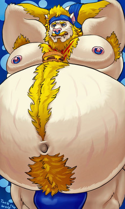accessory anthro armpit_hair belly belly_hair big_belly blonde_hair body_hair briefs bulge burger chest_hair clothing facial_piercing fangs food fur hair happy_trail headband male morbidly_obese musclegut muscular muscular_male navel nipple_piercing nipples nose_piercing nose_ring obese overweight overweight_male piercing ring_piercing solo stretch_marks teeth underwear white_body white_fur tankthewolf final_fantasy final_fantasy_xiv square_enix felid hrothgar mammal hi_res