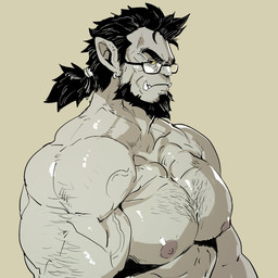 barazoku biceps big_muscles black_hair body_hair chest_hair clothed clothing ear_piercing ear_ring eyebrows eyewear glasses grey_body grey_skin hair hairy humanoid_pointy_ears looking_at_viewer male muscular muscular_humanoid muscular_male nipples not_furry pecs piercing pink_nipples pointy_ears ponytail ring_piercing solo standing thick_eyebrows topless tusks vein veiny_muscles yellow_sclera rybiok humanoid orc 1:1 2018 hi_res