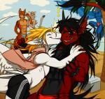 anthro beach blonde_hair clothed clothing detailed_background eyes_closed feathered_wings feathers group hair horn male outside sand sea seaside sky smile tail topless water wings cerezo mythology sicmendor siegfried angel_dragon dragon mythological_creature mythological_scalie scalie