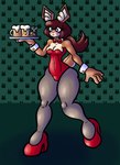 alcohol anthro beer beverage blush bow_tie brown_hair bunny_costume clothing costume female footwear fur green_eyes hair high_heels legwear ponytail shoes solo stockings tan_body tan_fur sprucy lagomorph leporid mammal rabbit