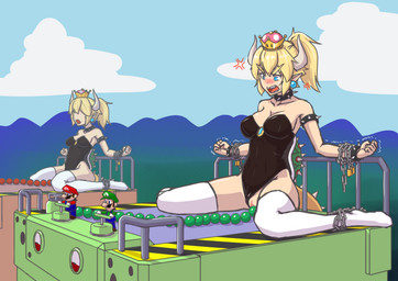 5_fingers armband blonde_hair blue_eyes blush bound bracelet breasts chain chained clothed clothing collar cross-popping_vein crown ear_piercing eyebrows eyelashes female female_focus fingers genitals group hair headgear horn humanoid_pointy_ears jewelry legwear open_mouth outside penetration piercing pointy_ears ponytail shell sitting spiked_armband spiked_bracelet spiked_collar spiked_shell spiked_tail spikes spikes_(anatomy) square_crossover super_crown tail teeth thick_eyebrows thigh_highs vaginal vaginal_penetration vein vulva colucolu bowsette_meme mario_bros mario_party_(series) mario_party_2 nintendo bowser luigi mario animal_humanoid human humanoid koopa_humanoid mammal scalie scalie_humanoid 2018 absurd_res colored digital_drawing_(artwork) digital_media_(artwork) hi_res meme brother_(lore) brothers_(lore) sibling_(lore) twins_(lore)