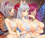 accessory big_breasts blush bracelet breasts clothed clothing curved_horn eyelashes female fire_emblem fire_emblem_heroes forehead_gem freyja_(fire_emblem) gem grey_hair group hair hair_accessory hair_over_eye hi_res holding_breast horn horned_humanoid huge_breasts humanoid inner_boob insect_wings jewelry lepidopteran_wings long_hair navel nintendo one_eye_obstructed orange_wings plumeria_(fire_emblem) ponytail purple_eyes purple_hair purple_wings record_of_ragnarok red_eyes red_horn redkite_(artist) servants_holding_aphrodite's_breasts_(meme) smile tan_body tan_skin thick_thighs topwear triandra_(fire_emblem) trio veil white_clothing white_topwear winged_humanoid wings