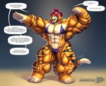 archer_pose big_muscles bikini clothing female flexing fur glistening glistening_body glistening_fur huge_muscles hyper hyper_muscles muscular muscular_female pose swimwear text two-piece_swimsuit agonwolfe felid feline mammal tigress_(disambiguation) english_text hi_res