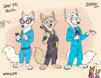 3_toes 4_fingers anthro barefoot black_nose bottomwear cellphone clothed clothed_anthro clothed_female clothed_male clothing count day_count dirty electronics eyewear feet female female_anthro fingers fur glasses grey_body grey_fur group hindpaw humanoid_hands larger_anthro larger_male male male_anthro microphone multicolored_body multicolored_fur overalls pants paws phone pink_nose plantigrade red_body red_fur shirt size_difference smaller_anthro smaller_female smartphone smile standing tail text toes tools topwear trio_focus two_tone_body two_tone_fur wearing_glasses white_body white_fur wrench aar0njay disney inktober inktober_2025 zootopia andy_lagopus judy_hopps leeza_(zootopia) nick_wilde skye_(zootopia) arctic_fox canid canine european_rabbit fox lagomorph leporid mammal oryctolagus rabbit red_fox true_fox 2025 english_text